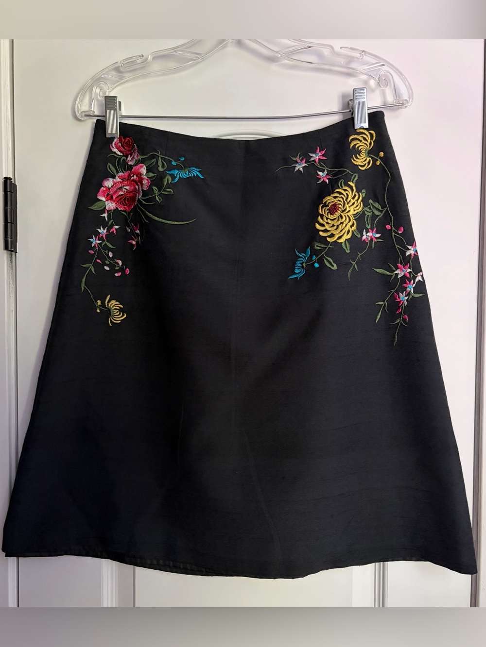 Y2K Black 100% Silk Asian-Inspired Floral Embroidered Whimsigoth A-Line Skirt 6